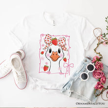 Carregar imagem no visualizador da galeria, Coquette Goose with Strawberry Bow T-Shirt, Navy, Black and White Cute Tee
