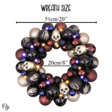 Load image into Gallery viewer, Creep and Glitter Spooky Wreath with Skeleton Skull Baubles, Black, Maroon and Gold Colors with Shiny Glitter
