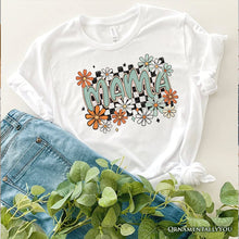 Carregar imagem no visualizador da galeria, Floral Mama Checkered T-Shirt, White, Natural and Black Retro Tee for Stylish Mothers
