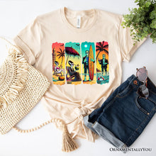 Carregar imagem no visualizador da galeria, Frankenstein&#39;s Beach Vacation T-Shirt, Retro Neon Surf Style Tee for Horror Fans with Summer Vibes
