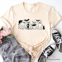 Load image into Gallery viewer, Ghosts and Cats Spooky T-Shirt, Whimsical Halloween Tee for Cozy Autumn Season
