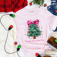Carregar imagem no visualizador da galeria, Glitter Christmas Tree Coquette Bow T‑Shirt, O Come Let Us Adore Him Holiday Tee
