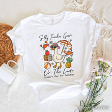 Carregar imagem no visualizador da galeria, Last Day Teacher Goose T-Shirt, Tropical Summer Break Navy, White, and Natural Tee for Fun and Quirky Educators
