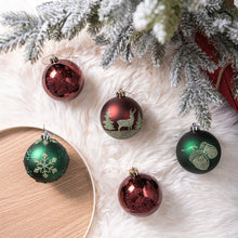 Load image into Gallery viewer, Majestic Winterly Nature Glittered Ornament Bauble Set, Red and Green Balls Bundle with Acorns, Snowflakes, and Spruce Tree Accents
