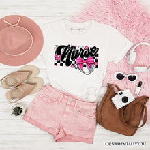 Carregar imagem no visualizador da galeria, Nurse Floral Coquette Pink Bow T-Shirt, Retro Stethoscope Checkered Tee
