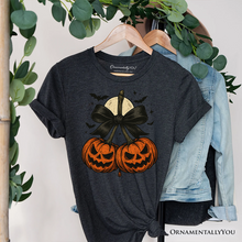 Cargar imagen en el visor de la galería, Pumpkin Cherries Coquette Bow T-Shirt, Retro Halloween Fall Season Tee for Sweet Autumn Girls
