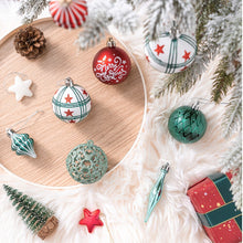 Load image into Gallery viewer, Elegantly Distinct Set of Christmas Ornaments Magenta, Green, White and Red Baubles, Icicles and Stars
