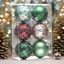 Load image into Gallery viewer, Enchanting Subtle Nature Ornament Bundle, Set of 6 Pine Green, Light Green, Mint Green, Pink and Matte Red Baubles

