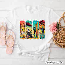 Carregar imagem no visualizador da galeria, Frankenstein&#39;s Beach Vacation T-Shirt, Retro Neon Surf Style Tee for Horror Fans with Summer Vibes

