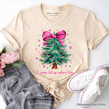 Carregar imagem no visualizador da galeria, Glitter Christmas Tree Coquette Bow T‑Shirt, O Come Let Us Adore Him Holiday Tee
