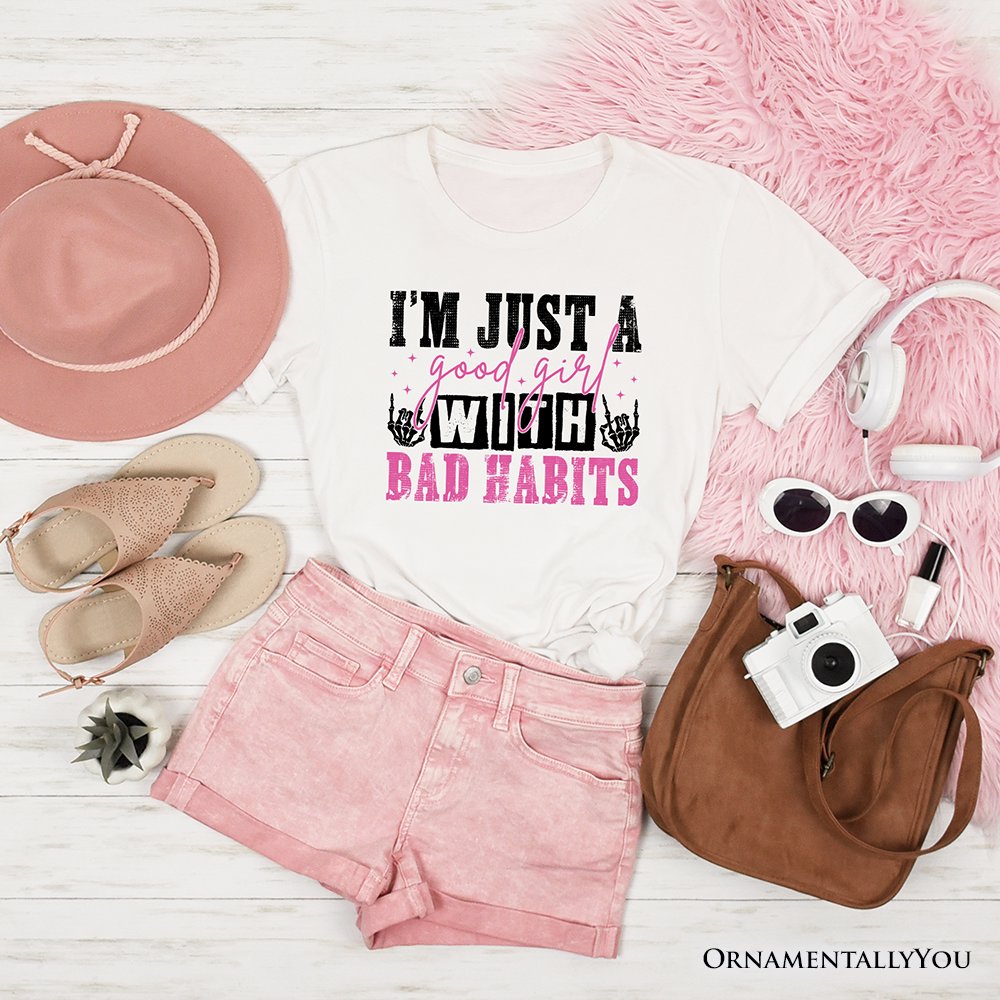 Good Girl with Bad Habits T-Shirt, Grunge Pink and Skeleton Hands Navy, Black, and White Tee for Wild and Rebellious Women