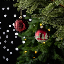 Load image into Gallery viewer, Majestic Winterly Nature Glittered Ornament Bauble Set, Red and Green Balls Bundle with Acorns, Snowflakes, and Spruce Tree Accents
