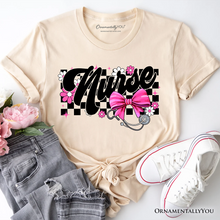 Cargar imagen en el visor de la galería, Nurse Floral Coquette Pink Bow T-Shirt, Retro Stethoscope Checkered Tee
