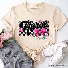 Carregar imagem no visualizador da galeria, Nurse Floral Coquette Pink Bow T-Shirt, Retro Stethoscope Checkered Tee

