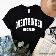 Carregar imagem no visualizador da galeria, Over Thinker 247 T-Shirt, Minimalist Collegiate White, Natural and Black Tee for Tired Women
