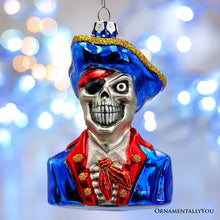Carregar imagem no visualizador da galeria, Fierce Pirate Skeleton Glass Ornament, Gothic Skull Ship Captain Spooky Decor

