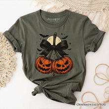 Carregar imagem no visualizador da galeria, Pumpkin Cherries Coquette Bow T-Shirt, Retro Halloween Fall Season Tee for Sweet Autumn Girls
