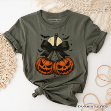 Cargar imagen en el visor de la galería, Pumpkin Cherries Coquette Bow T-Shirt, Retro Halloween Fall Season Tee for Sweet Autumn Girls
