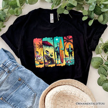 Carregar imagem no visualizador da galeria, Frankenstein&#39;s Beach Vacation T-Shirt, Retro Neon Surf Style Tee for Horror Fans with Summer Vibes

