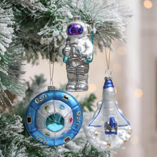 Load image into Gallery viewer, Galactic Space Theme Glass Ornament Bundle, Purple Star Pattern Baubles, Astronaut, Spaceship, and UFO Decorations
