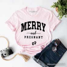 Carregar imagem no visualizador da galeria, Merry and Pregnant T‑Shirt, Baby Announcement Christmas Tee for New Mom
