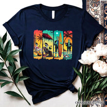 Carregar imagem no visualizador da galeria, Frankenstein&#39;s Beach Vacation T-Shirt, Retro Neon Surf Style Tee for Horror Fans with Summer Vibes
