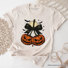 Carregar imagem no visualizador da galeria, Pumpkin Cherries Coquette Bow T-Shirt, Retro Halloween Fall Season Tee for Sweet Autumn Girls
