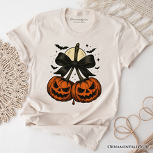 Cargar imagen en el visor de la galería, Pumpkin Cherries Coquette Bow T-Shirt, Retro Halloween Fall Season Tee for Sweet Autumn Girls
