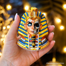 Carregar imagem no visualizador da galeria, Evil Egyptian Pharoah Half Skull Head Glass Ornament, Gothic Halloween Tree Decor

