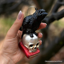 Carregar imagem no visualizador da galeria, Raven on Skull and Book Glass Ornament, Horror Edgar Allan Poe Decoration
