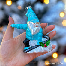 Load image into Gallery viewer, Snowboarding Gnome Glass Christmas Ornament, Winter Blue Aspen Tree Decor
