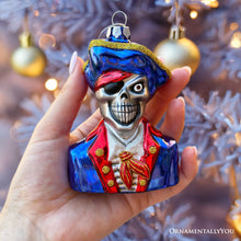 Carregar imagem no visualizador da galeria, Fierce Pirate Skeleton Glass Ornament, Gothic Skull Ship Captain Spooky Decor
