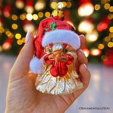 Load image into Gallery viewer, (Pre-Order) Rooster with Santa Hat Handblown Glass Christmas Ornament, Farm Chicken Holiday Decor
