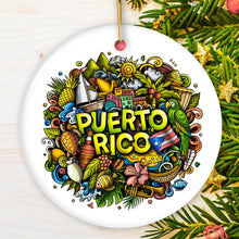 Carregar imagem no visualizador da galeria, Puerto Rico Symbols Graphic Art on Ceramic Ornament, Rican Culture Christmas Gift
