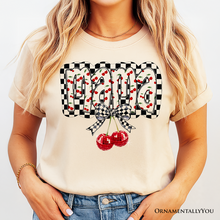 Load image into Gallery viewer, Checkered Cherry Disco Mama T-Shirt, White and Natural Coquette Bow Tee for Trendy Mothers

