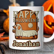 Carregar imagem no visualizador da galeria, Happy Halloweenie, Personalized Halloween Mug, Retro Halloween Dachshund Gift with Custom Name
