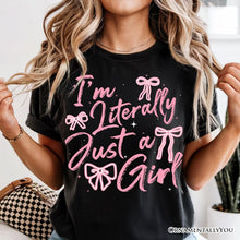 Carregar imagem no visualizador da galeria, I&#39;m Literally Just a Girl T-Shirt, Trendy White and Black Coquette Bow Tee for Girly Aesthetics
