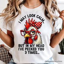 Carregar imagem no visualizador da galeria, Pecking Chicken T-Shirt, Red Glasses and Bow White Tee for Sassy Women
