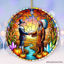 Load image into Gallery viewer, Pilgrim and Native American Chief Harmonious Unity Ornament, Vibrant Harvest Celebration Keepsake
