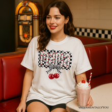 Load image into Gallery viewer, Checkered Cherry Disco Mama T-Shirt, White and Natural Coquette Bow Tee for Trendy Mothers
