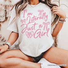 Carregar imagem no visualizador da galeria, I&#39;m Literally Just a Girl T-Shirt, Trendy White and Black Coquette Bow Tee for Girly Aesthetics
