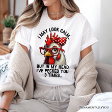 Carregar imagem no visualizador da galeria, Pecking Chicken T-Shirt, Red Glasses and Bow White Tee for Sassy Women
