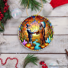 Load image into Gallery viewer, Pilgrim and Native American Chief Harmonious Unity Ornament, Vibrant Harvest Celebration Keepsake
