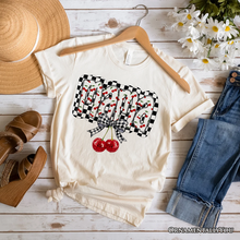 Load image into Gallery viewer, Checkered Cherry Disco Mama T-Shirt, White and Natural Coquette Bow Tee for Trendy Mothers
