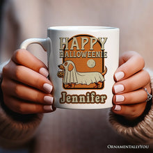 Carregar imagem no visualizador da galeria, Happy Halloweenie, Personalized Halloween Mug, Retro Halloween Dachshund Gift with Custom Name
