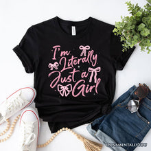 Carregar imagem no visualizador da galeria, I&#39;m Literally Just a Girl T-Shirt, Trendy White and Black Coquette Bow Tee for Girly Aesthetics
