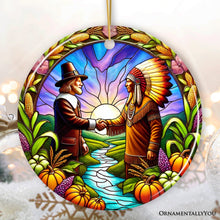 Load image into Gallery viewer, Pilgrim and Native American Chief Harmonious Unity Ornament, Vibrant Harvest Celebration Keepsake
