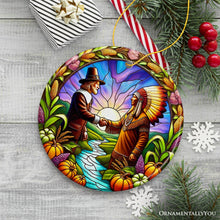 Load image into Gallery viewer, Pilgrim and Native American Chief Harmonious Unity Ornament, Vibrant Harvest Celebration Keepsake
