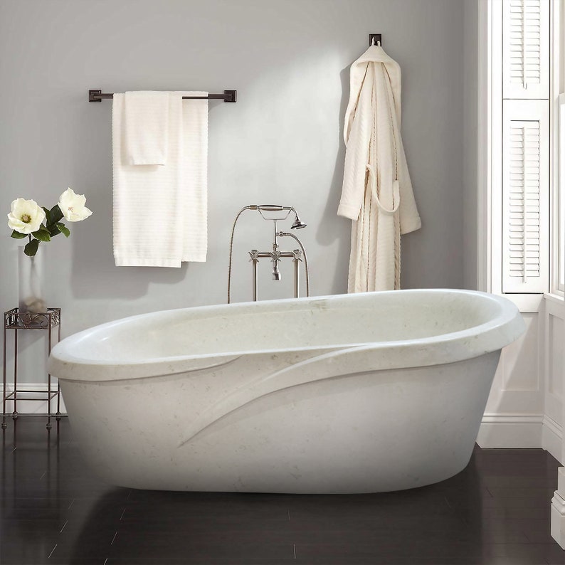 Fossil White Limestone Sloped Bathtub Hand-carved from Solid Marble Block (W)40