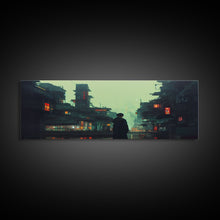 Load image into Gallery viewer, 80s style Cyberpunk Japanese City, Retro Punk Tokyo, Framed Canvas Print, Framed Wall Art, Large Panoramic Wall Decor
